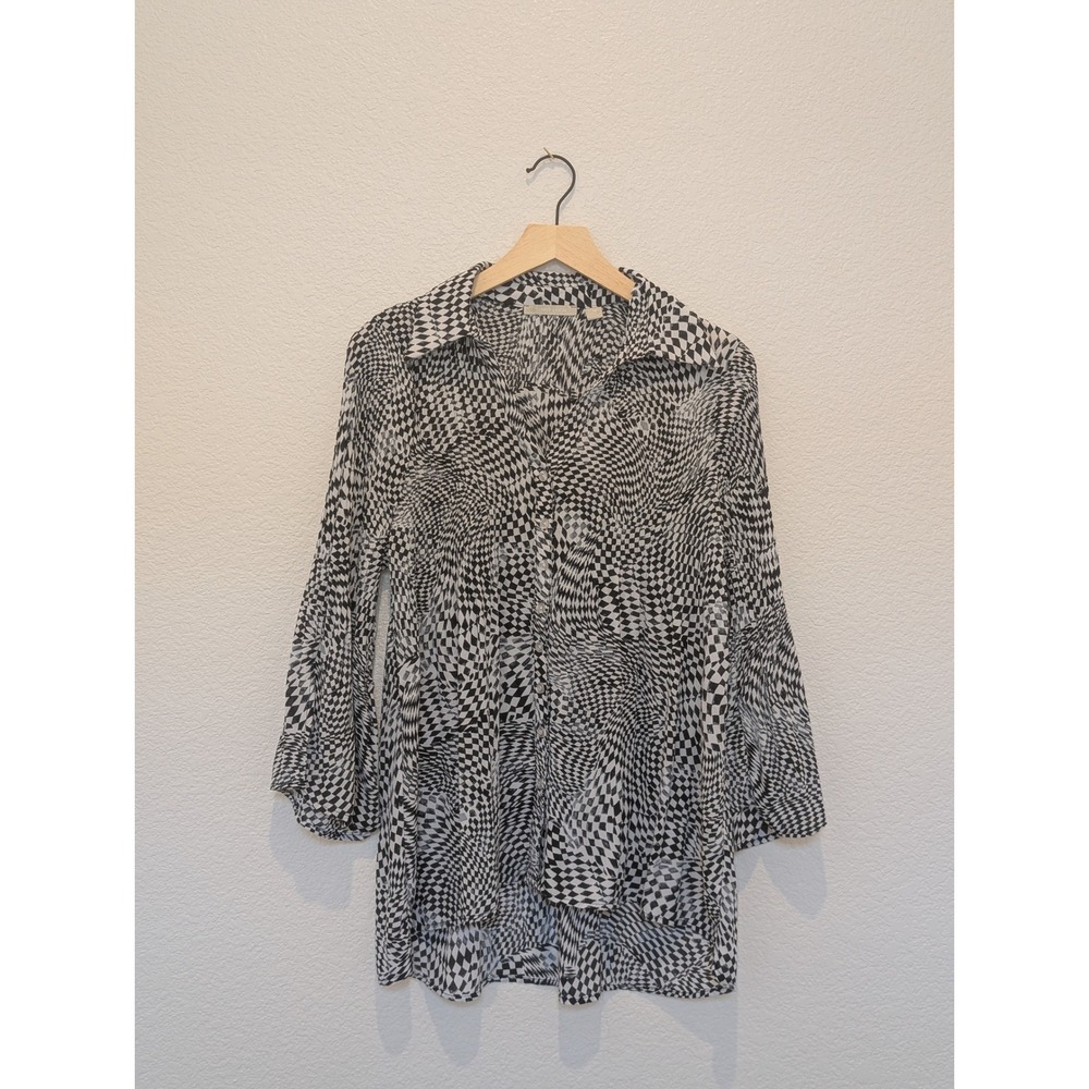 Sunny Leigh Checkerboard Button Down Tunic Blouse Black White Medium